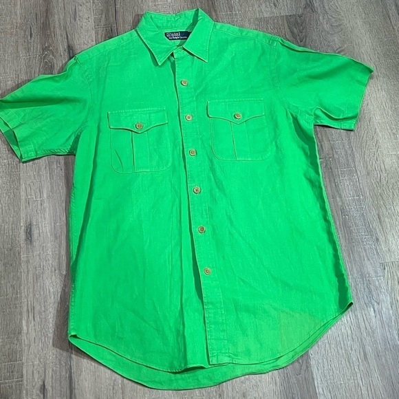 Mens Medium Polo Ralph Lauren Linen Cotton Light Green Shirt Sleeve Safari Shirt - Picture 1 of 8